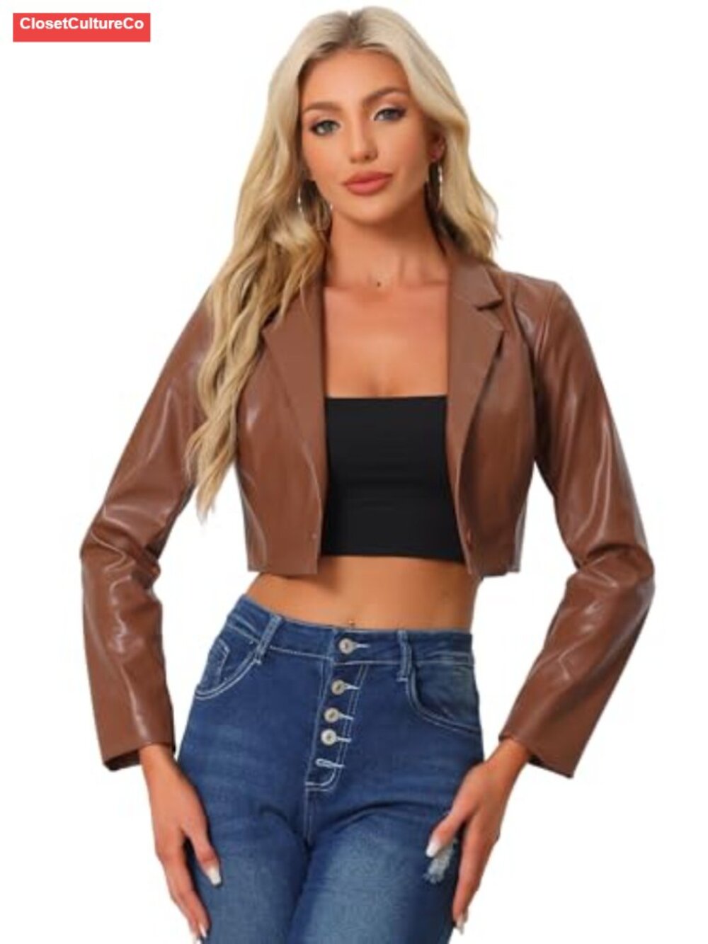 Cropped PU Leather Blazer Jacket One Button